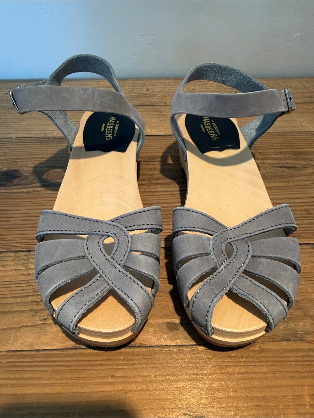 Swedish Hasbeens Light Gray Suede Woven Front Ankle-Strap Sandals